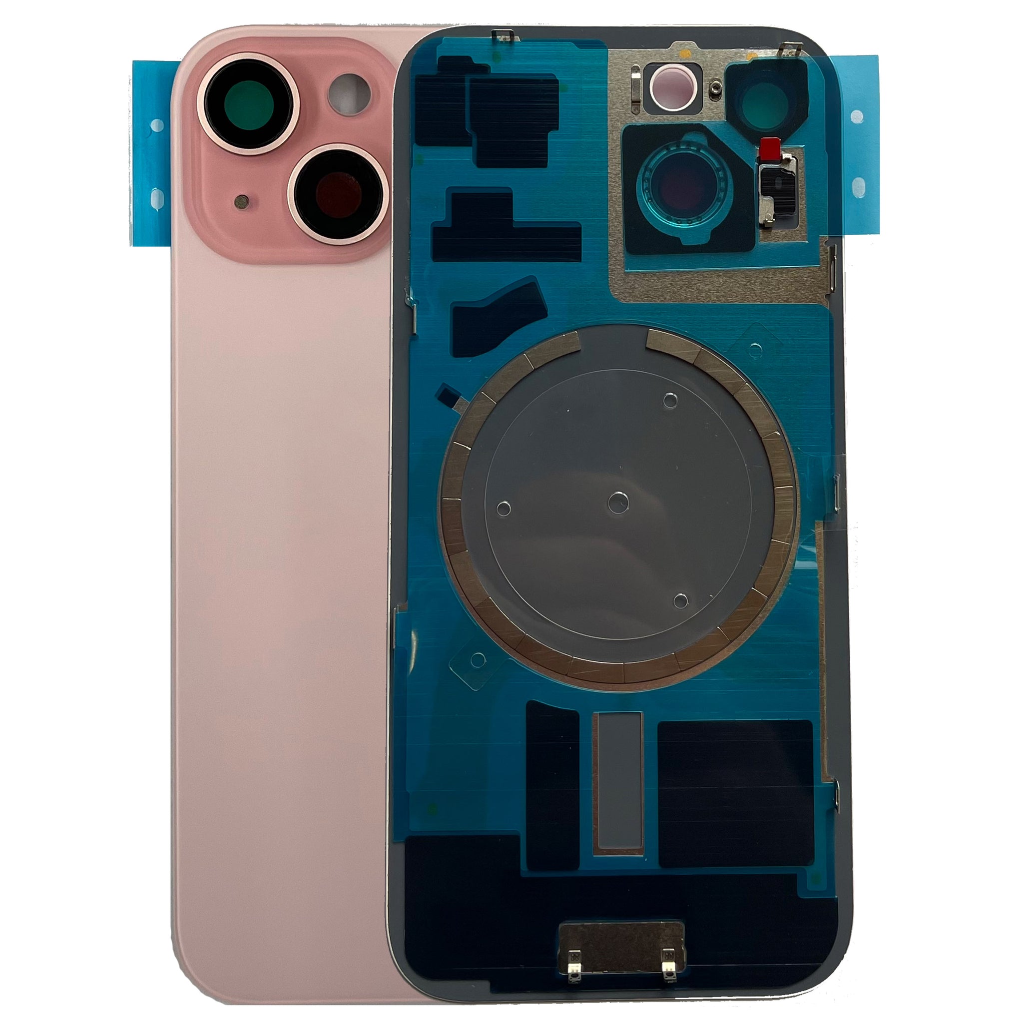 Vetro Scocca Posteriore Big Hole per Apple Iphone 15 Back Case Cover Rosa